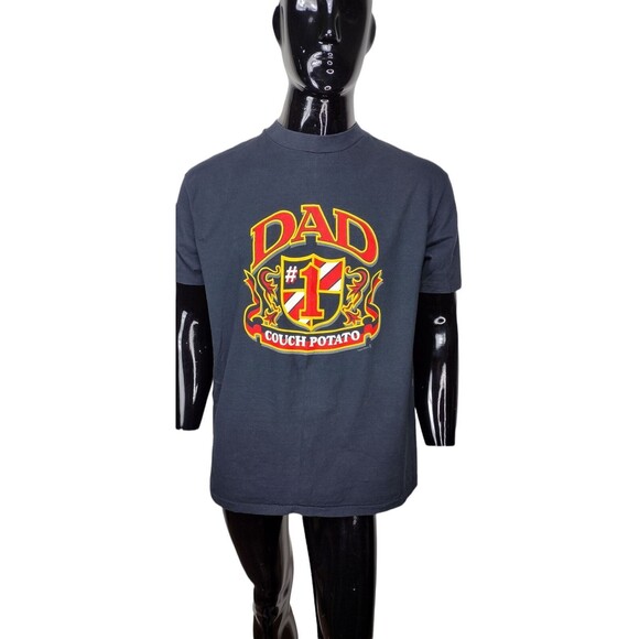 Vintage 80s #1 COUCH POTATO DAD Black Red Single Stitch Graphic Tee L/XL USA - Picture 1 of 7